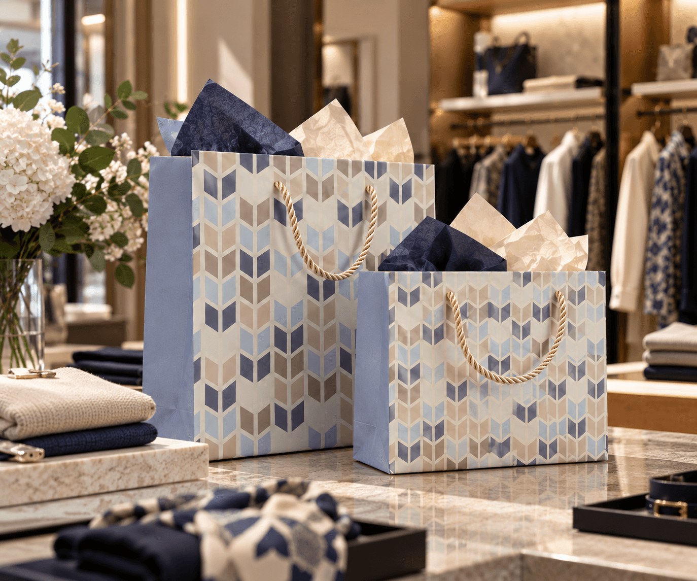 Esposizione di shoppers di lusso in boutique